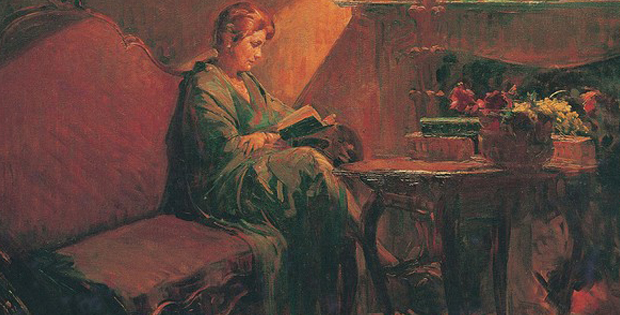 Particolare di una pittura con immagine di donna seduta che legge un libro