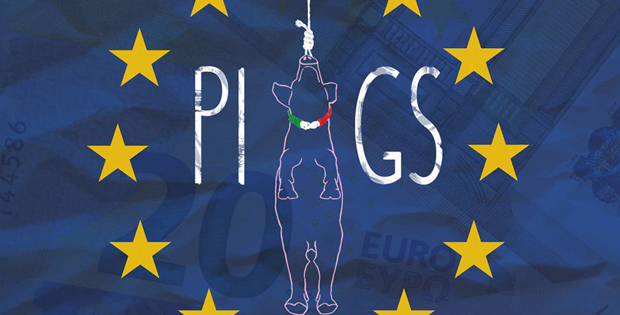 Con lo sfondo della bamdiera europea, disegni di un maiale appeso ad una corda e il testo PIGS