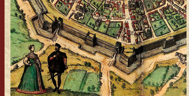 Disegno che rappresenta una citt medioevale con le sue mura e due personaggi in primo piano