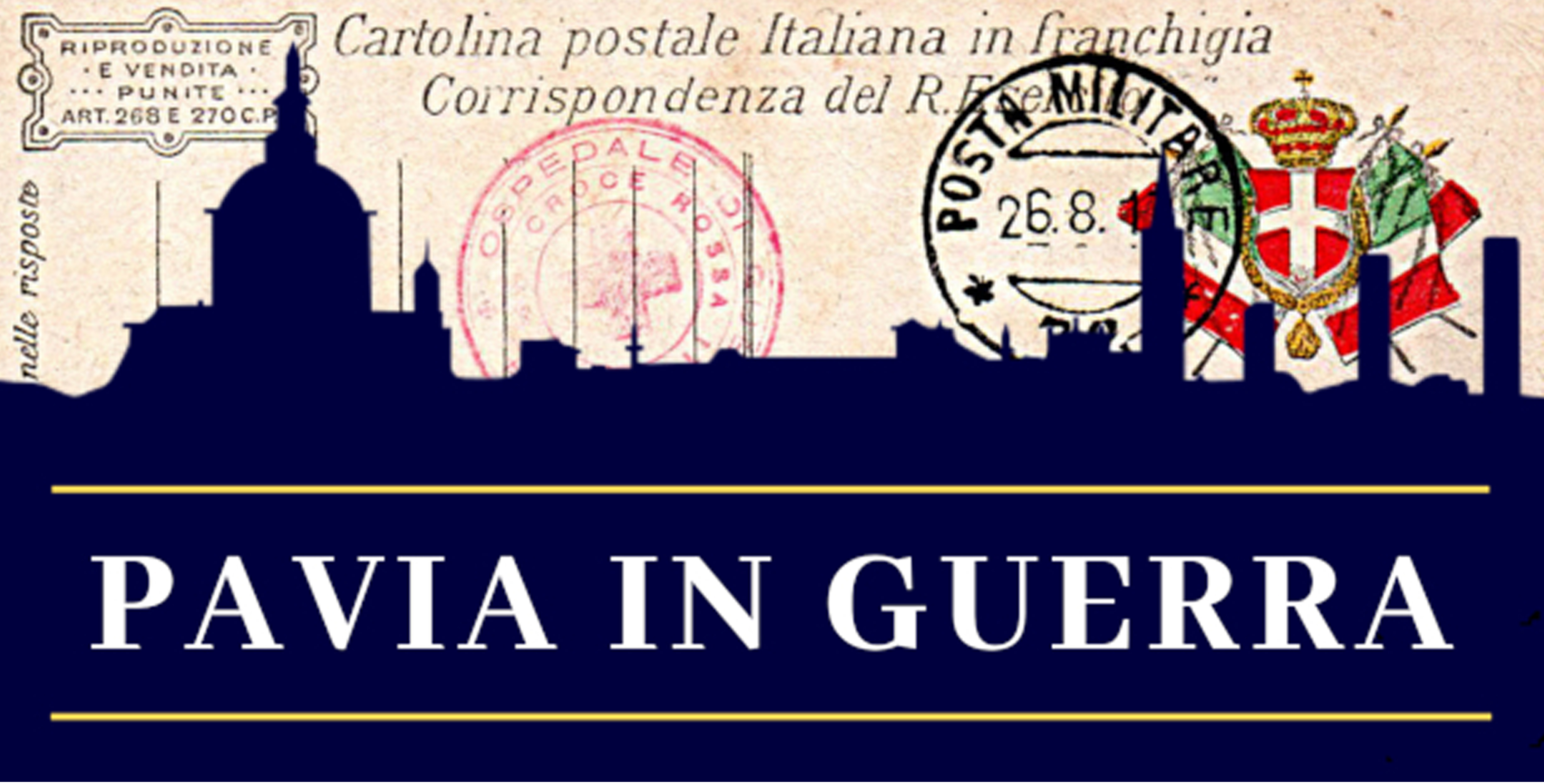 Una cartolina  dell' epoca con lo skyline di Pavia in ombra e testo descrittivo