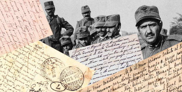 Immagine con collage di lettere su sfondo con soldati