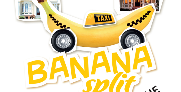 Collage con banana con ruote e targa taxi