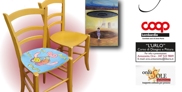 immagine con un dipinto su quadro ed in dipinto su sedia e loghi di organizzatori