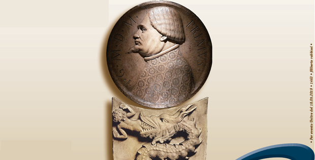 La foto di una medaglia con Busto di Gian Galeazzo Visconti  e sfondo colorato