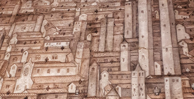 vecchio dipinto che ritrae Pavia dalle 100 torri