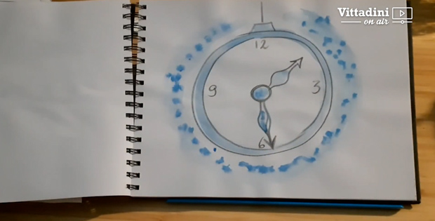 quaderno aperto col disegno di un orologio