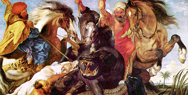 Dipinto con ippopotamo cacciato da alcuni soldati a cavallo